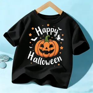 Kids Halloween Pumpkin Bat Graphic Print Short Sleeve Cotton T Shirt Unisex Children Holiday Casual Top