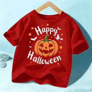 Kids cute Halloween short sleeve red pumpkin graphic t-shirt top for boys and girls