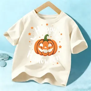 Kids Halloween short sleeve t-shirt, cute pumpkin graphic tee, casual holiday top for boys and girls