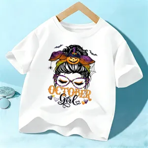 Kids Halloween Cotton Short Sleeve T-Shirt Cute Pumpkin Girl Print Casual Tops For Boys And Girls Festival Party Wear