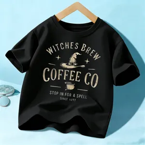 Camiseta de Manga Corta de Halloween para Niños Algodón Casual Cuello Redondo Top Gráfico Para Niños Niñas