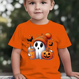 Camiseta de Manga Corta Estampado de Fantasma de Dibujos Animados de Halloween para Niños Unisex Algodón Casual Cuello Redondo