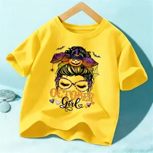 Kids Halloween short sleeve t-shirt, cute holiday graphic top for boys and girls wear.