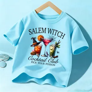 T-shirt à manches courtes Halloween pour enfants, haut d'été décontracté avec motif de sorcière.