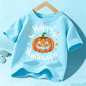 Kids Halloween Short Sleeve T-Shirt Light Blue Pumpkin Graphic Casual Top for Boys Girls
