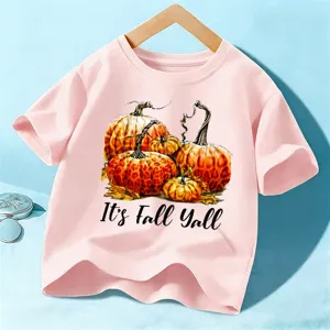 Kids pink short sleeve t-shirt with autumn pumpkin graphic, cute seasonal casual top for children.