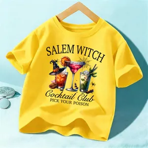 T-shirt manches courtes Halloween jaune pour enfant avec imprimé cocktail sorcière