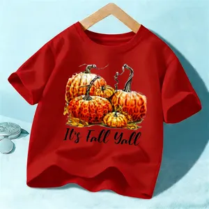 Kids red short sleeve T-shirt featuring cute autumn pumpkin graphic for Halloween.