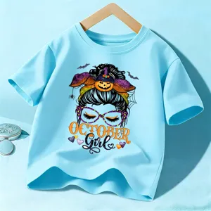 Kids Halloween short sleeve t-shirt, cute pumpkin graphic top for boys and girls festival wear.