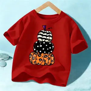Kinder Halloween Kürbis Druck Kurzarm Rotes T-Shirt festliches Oberteil für Jungen und Mädchen