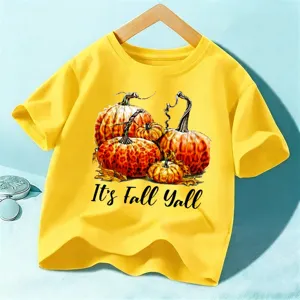 Kids autumn short sleeve t-shirt yellow fall pumpkin graphic tee children top clothing