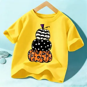 Kinder Halloween Kurzarm T-Shirt Süßer Kürbis Print Lässiges Gelbes Oberteil für Jungs