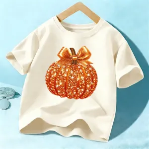 Kids Unisex Halloween Pumpkin Bow Print Short Sleeve T-Shirt Children Casual Cotton Crew Neck Top Summer Festival Apparel