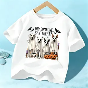 T-Shirt Manches Courtes en Coton Halloween pour Enfants Motif Chien Fantôme Mignon Col Rond Top Décontracté Pour Garçons Et Filles
