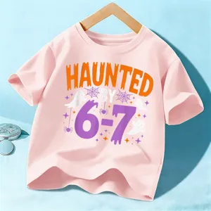 Kids Halloween short sleeve t-shirt, pink ghost print festive top for boys and girls.