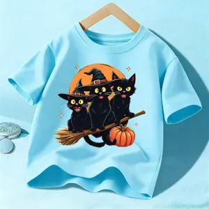 Halloween Kids T-Shirt Cute Black Cat Witch Hat Short Sleeve Cotton Tee Top For Boys Girls