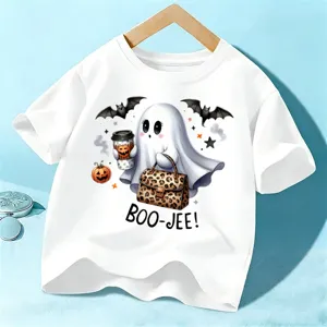 Maglietta a Manica Corta di Halloween per Bambini Stampa Simpatica Fantasma Zucca Top in Cotone Casual Girocollo per Festa