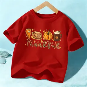 Red kids short sleeve t-shirt thankful thanksgiving pumpkin holiday top boys girls apparel