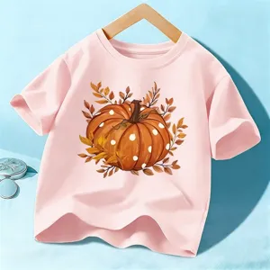 Ροζ παιδικό κοντομάνικο t-shirt με τύπωμα κολοκύθας φθινοπώρου και φύλλα για παιδιά.