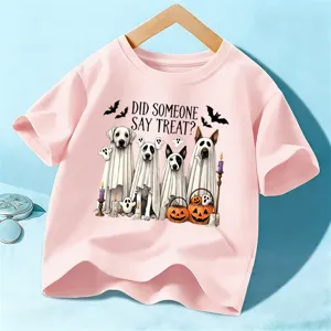 T-shirt rose de Halloween pour enfants avec motif de chiens fantômes mignons et drôles.