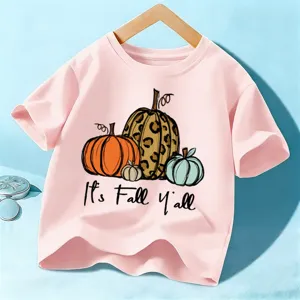 Παιδικό ροζ κοντομάνικο T-shirt με σχέδιο φθινοπωρινής κολοκύθας, ωραίο παιδικό τοπ.