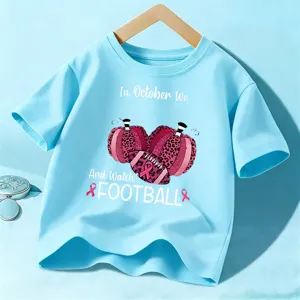 T-shirt enfant bleu clair à manches courtes avec imprimé citrouille léopard rose et football.
