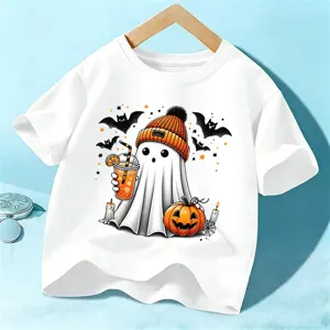 Kids Halloween t-shirt short sleeve cute ghost graphic casual white tee top for boys and girls