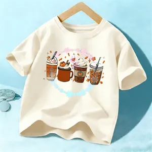 Kinder Herbst Kaffee Print Kurzarm T-Shirt lässiges Halloween Festival Oberteil für Jungen