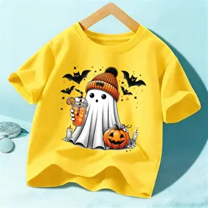Kids Halloween short sleeve t-shirt bright yellow cute ghost graphic cotton festive boys girls top