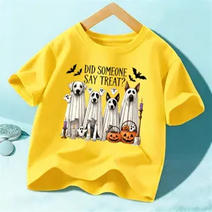 T-shirt Halloween enfant jaune manches courtes motif mignon chiens fantômes haut de fête
