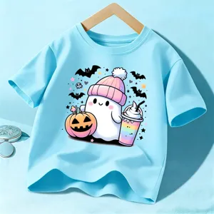 Kids Cute Halloween Short Sleeve T-Shirt Casual Cartoon Ghost Graphic Print Children Top Wear