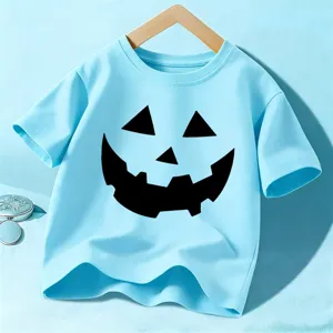 Kids Halloween short sleeve t-shirt in light blue with a funny pumpkin face print.