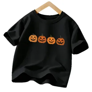 Camiseta negra de manga corta para niños con estampado de calabaza de Halloween, ropa festiva.