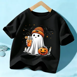 Kids Halloween Short Sleeve T-Shirt Black Cute Ghost Pumpkin Graphic Casual Top Wear
