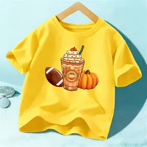 Kids Halloween short sleeve T-shirt, cute pumpkin spice and football graphic, bright yellow top.