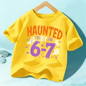 Childrens Halloween Short Sleeve T-Shirt Yellow Kids Holiday Top Cute Ghost Festival Wear