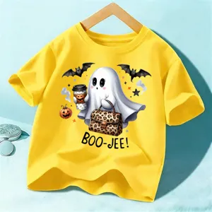 Maglietta maniche corte Halloween bambini, top giallo vivo con stampa fantasma simpatico per bimbi