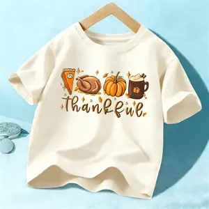 Kids Thanksgiving short sleeve T-shirt cute pumpkin turkey print casual cotton top for boys girls