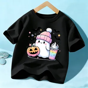 Kids Halloween black t-shirt cute ghost graphic short sleeve top for boys and girls