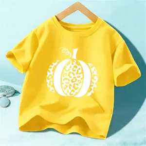 Kids Halloween Pumpkin Short Sleeve T-Shirt Yellow Children Holiday Top Casual