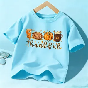 Kids light blue short sleeve t-shirt with cute Thanksgiving turkey pumpkin graphic top