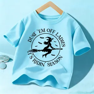 T-shirt manica corta Halloween per bambini, simpatico top con grafica da strega azzurro