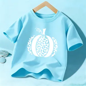 Light blue kids short sleeve t-shirt with white pumpkin graphic, comfortable casual children summer top.