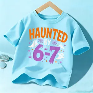 Kids Halloween short sleeve t-shirt, light blue graphic tee for boys and girls festival wear.