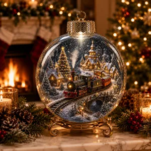 Christmas snow globe ornament with micro landscape train design for holiday home decor.