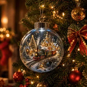 Christmas crystal ball pendant with mini train snow scene micro landscape for tree decoration.