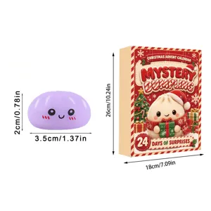 Detail view of cute squishy dumpling toy and Christmas advent calendar box with sizes.