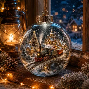 Christmas glass ball ornament with steam train snow village micro landscape for tree decor.