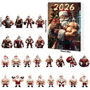 2026 Muscular Santa Claus Advent Calendar Acrylic Pendants Christmas Tree Ornaments Gift Box