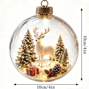 Christmas glass ball ornament with inner deer snow scene and LED lights, 10cm holiday decor